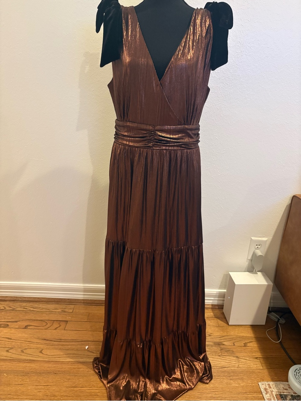 Sugarlips Metallic Brown V-Neck Maxi Dress with Black Shoulder Ties